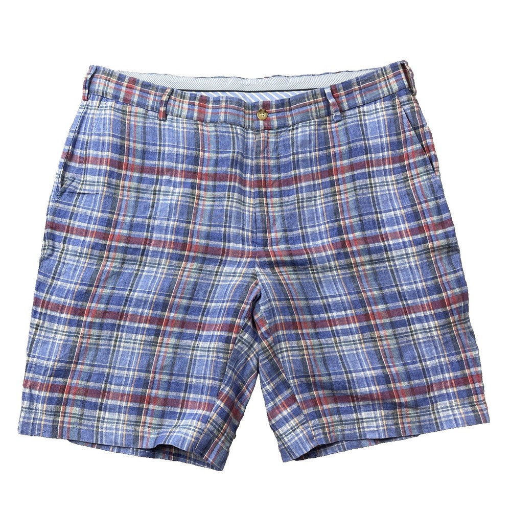PETER MILLAR Linen Shorts Men's 36 Blue Plaid 9" Coastal Golf Resort Preppy